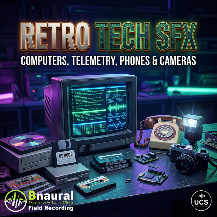 Retro Tech SFX: Computers, Telemetry, Phones & Cameras text overlay above a desk with a vintage computer monitor displaying data, a floppy disk, cassette tapes, a rotary phone, and a camera.