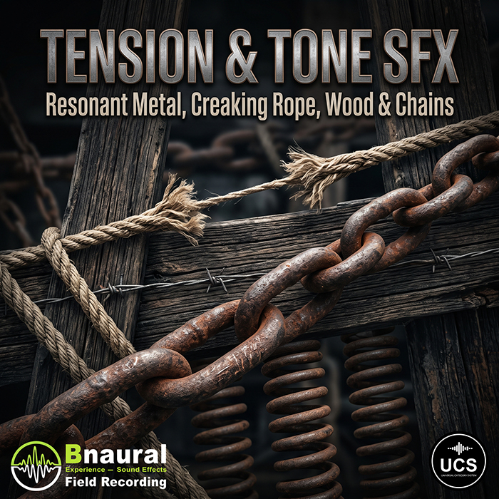 Tension & Tone SFX audio collection graphic featuring rusted metal chains, springs, barbed wire, and frayed rope on a wooden structure.