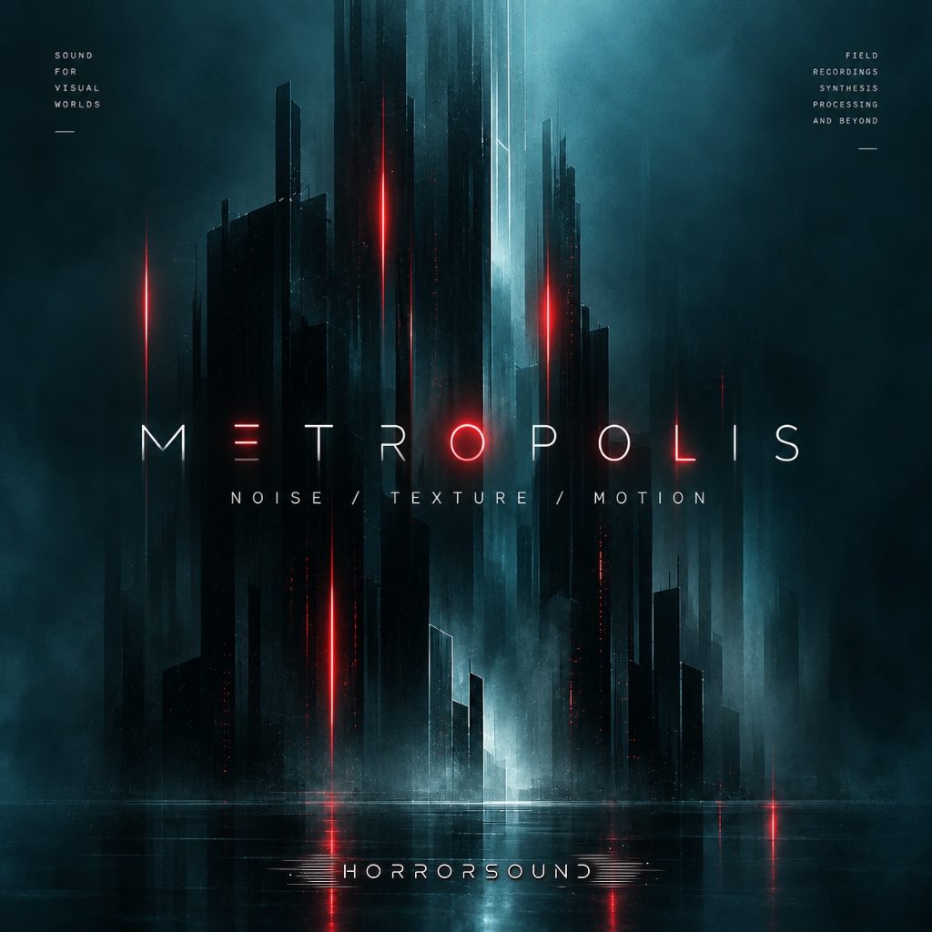 Futuristic cityscape featuring tall, dark buildings illuminated by glowing red lights and enveloped in mist. The text “METROPOLIS: Noise / Texture / Motion” appears, along with additional sound production details. Scene conveys a sci-fi and atmospheric mood.