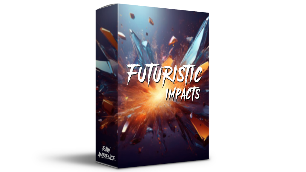 Product box for Futuristic Impacts, featuring an explosion of shattered glass and debris with the title text centered.