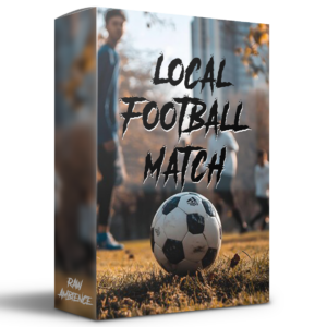 Local Football Match shows a football resting on grass in front of blurry players on a pitch.