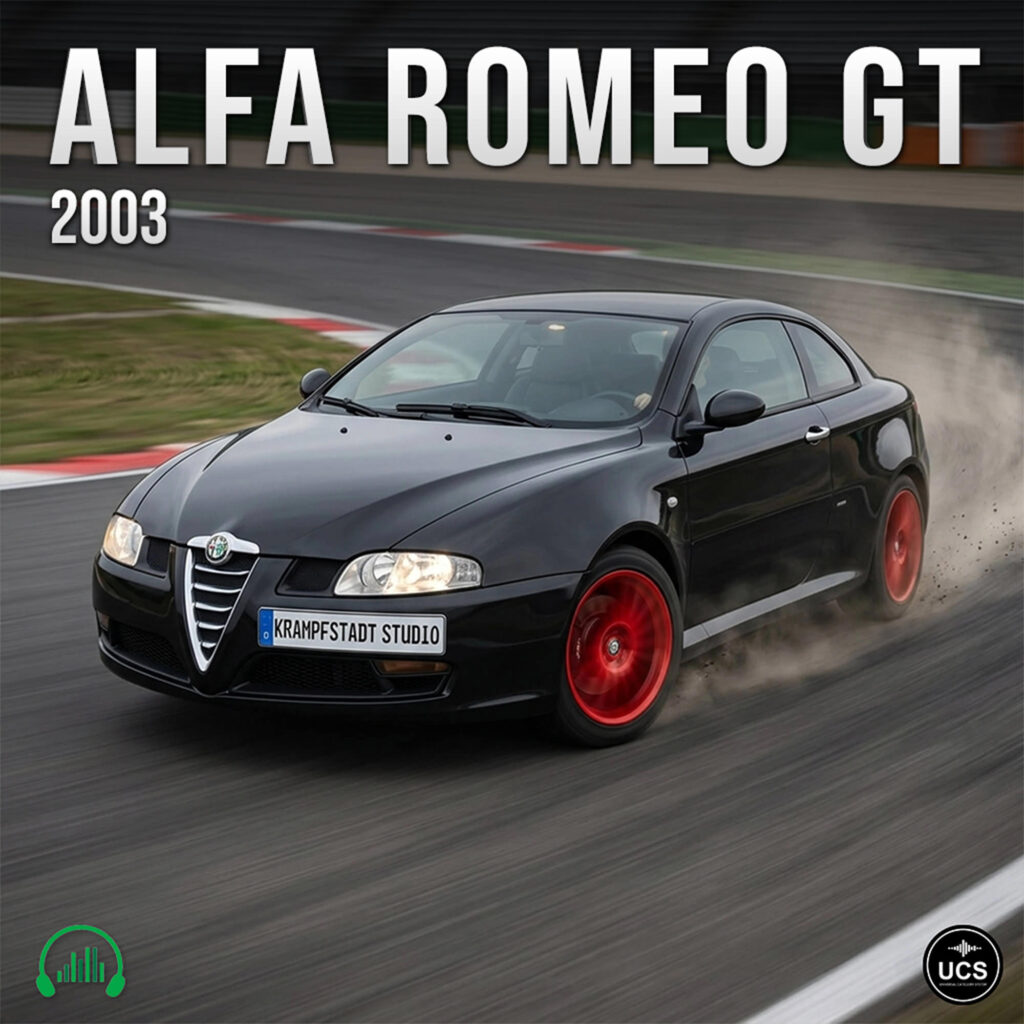 Black 2003 Alfa Romeo GT two-door sports car with red wheels drifts on a racetrack.
