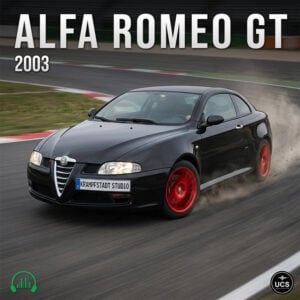 Black 2003 Alfa Romeo GT two-door sports car with red wheels drifts on a racetrack.