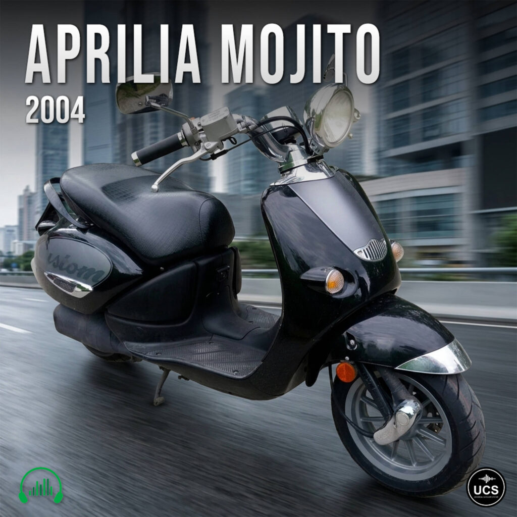 Black Aprilia Mojito 2004 scooter rides on a blurred city street.