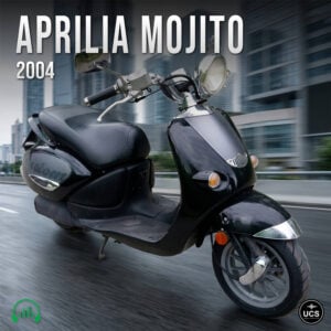 Black Aprilia Mojito 2004 scooter rides on a blurred city street.