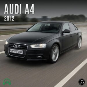 A black 2012 Audi A4 large family car drives along a motorway.