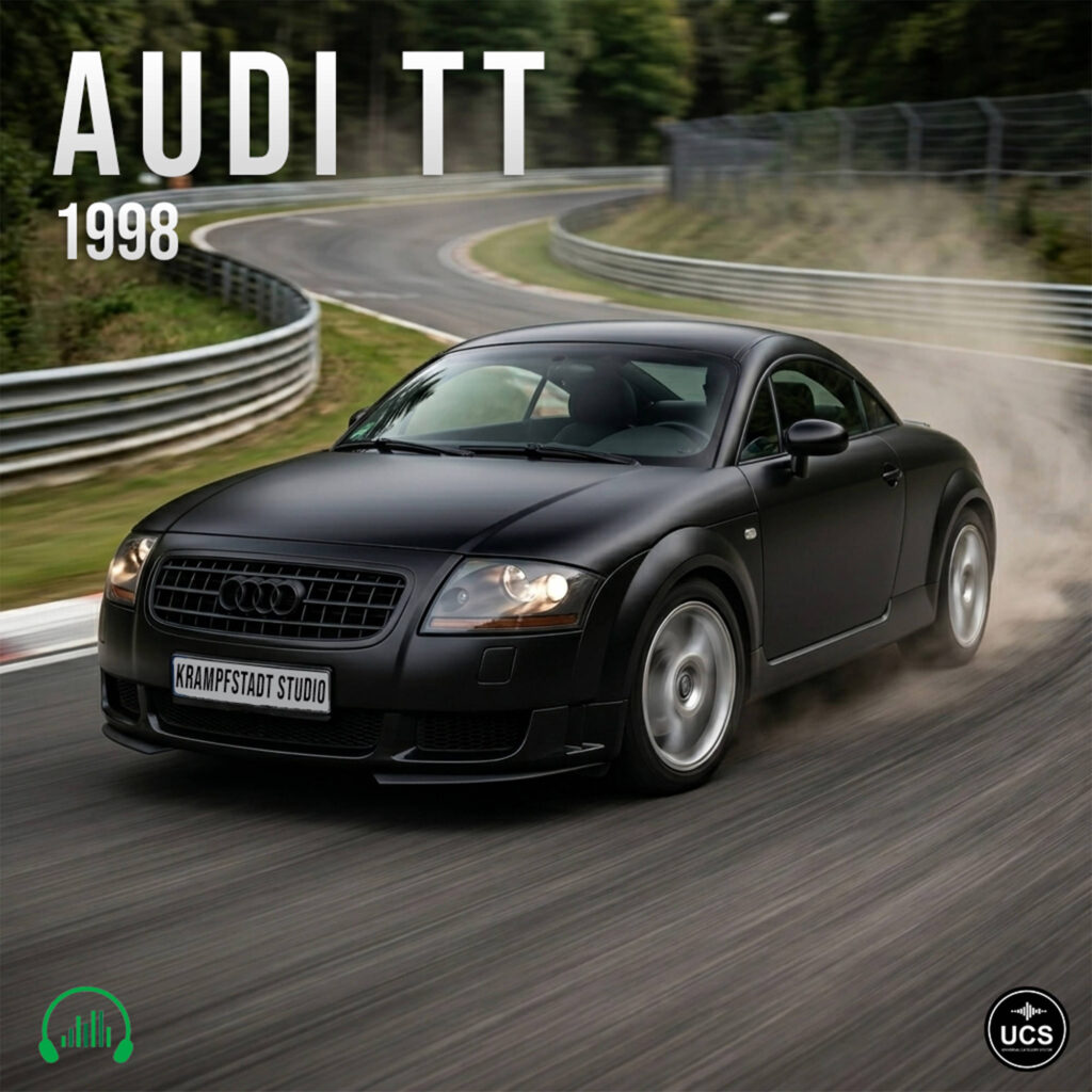 Matte black 1998 Audi TT sports car drifts around a curved racetrack.