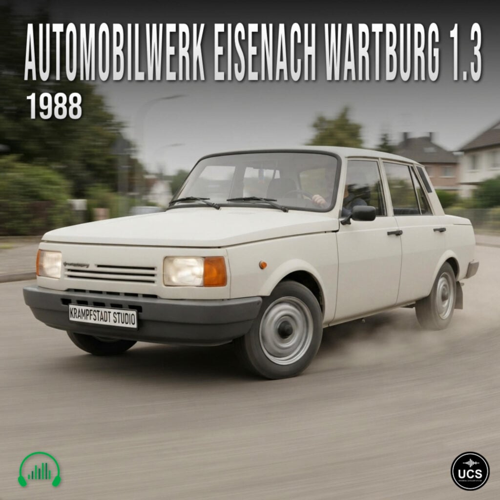 White Automobilwerk Eisenach Wartburg 1.3 1988 sedan drives along a blurred road.