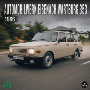 Beige 1966 Automobilwerk Eisenach Wartburg 353 compact car drives along a road.