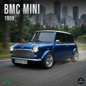 Small blue 1959 BMC Mini city car drives on a road featuring a forest and city skyline background.