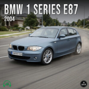 Blue 2004 BMW 1 Series E87 compact hatchback drives along a suburban road.