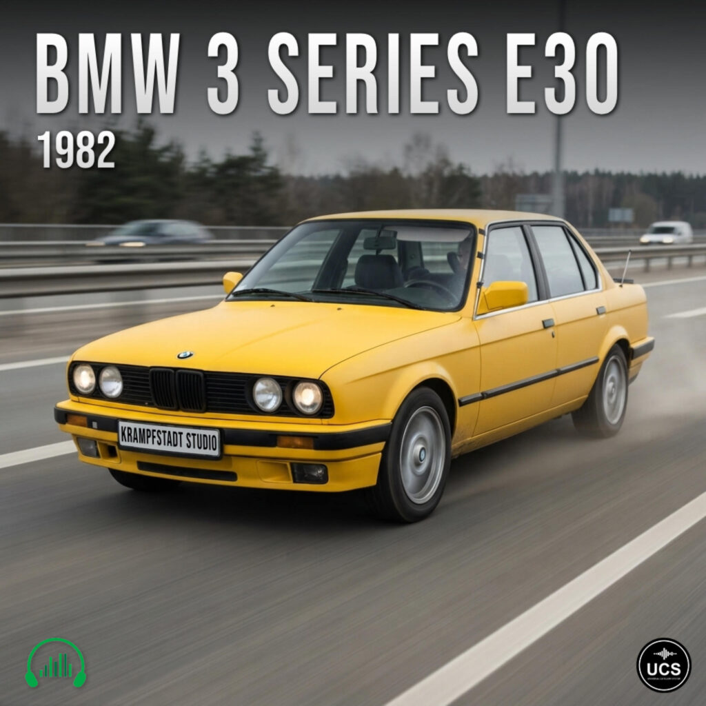 Yellow BMW 3 Series E30 1982 sedan drives on a highway with its model name and year displayed above.