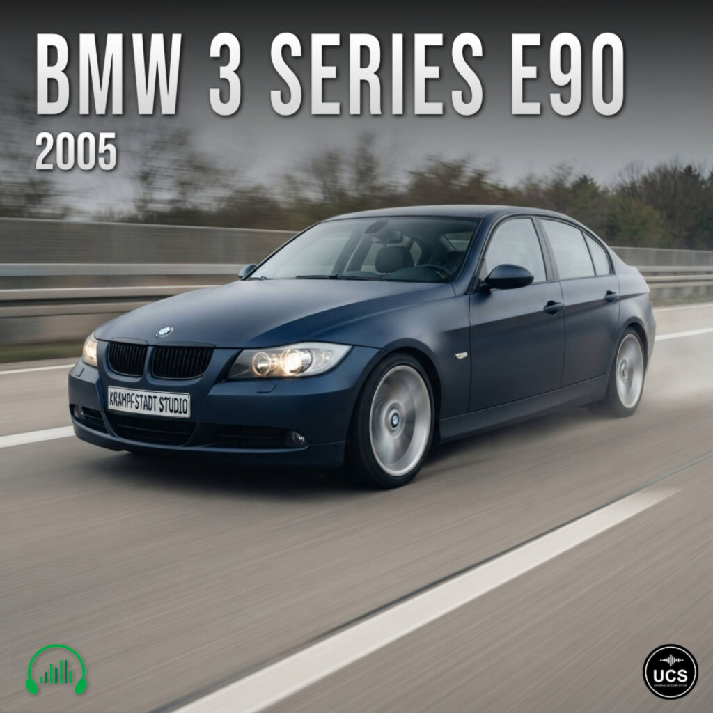 Dark blue BMW 3 Series E90 2005 family car driving on a highway.