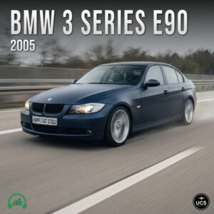 Dark blue BMW 3 Series E90 2005 family car driving on a highway.