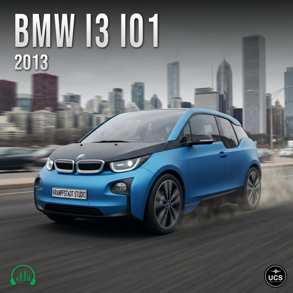 Blue BMW i3 I01 2013 electric subcompact supermini car drives on a city highway with a skyline background.
