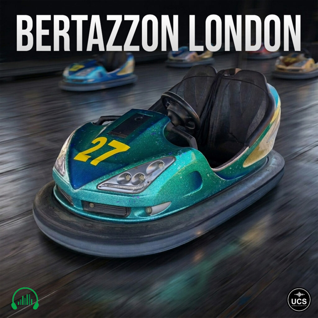 Teal glittery Bertazzon London bumper car 27 sits on a dark floor surrounded by other bumper cars.