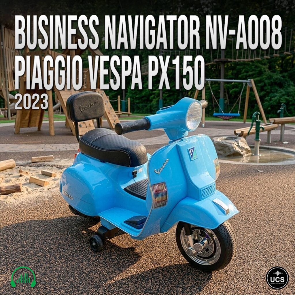 Blue Business Navigator NV-A008 Piaggio Vespa PX150 2023 electric ride-on toy scooter with training wheels parked on a playground.