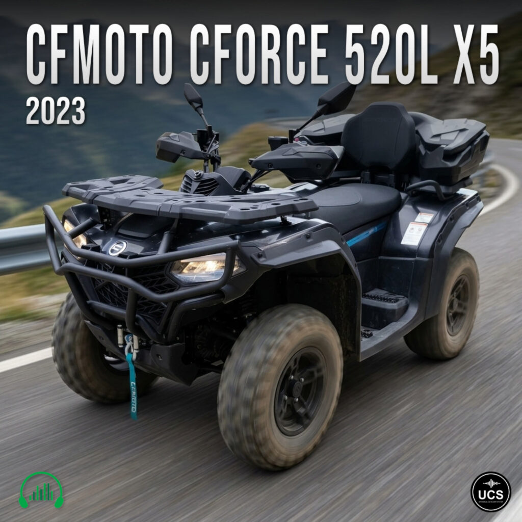 Black 2023 CFMoto CForce 520L X5 ATV driving on a winding mountain road.