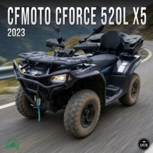 Black 2023 CFMoto CForce 520L X5 ATV driving on a winding mountain road.
