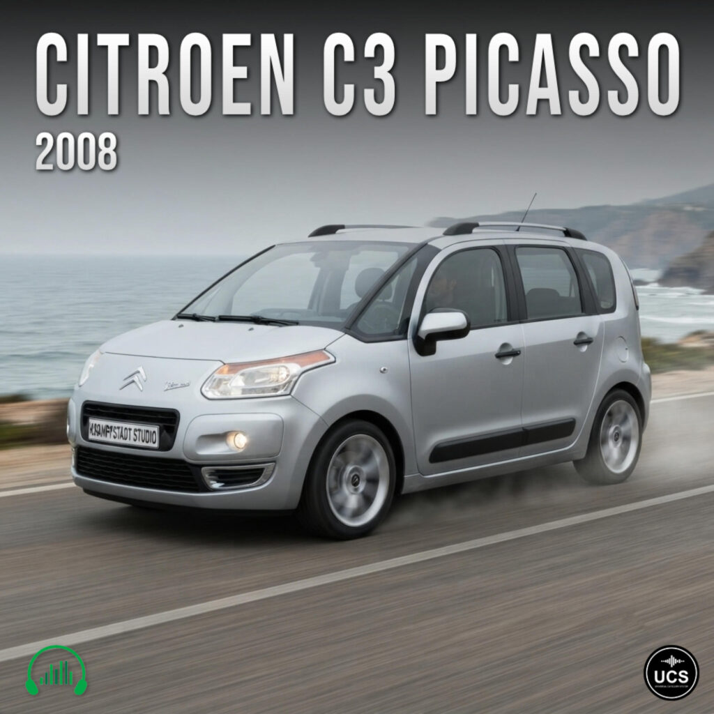 Silver 2008 Citroen C3 Picasso mini MPV drives along a coastal road.