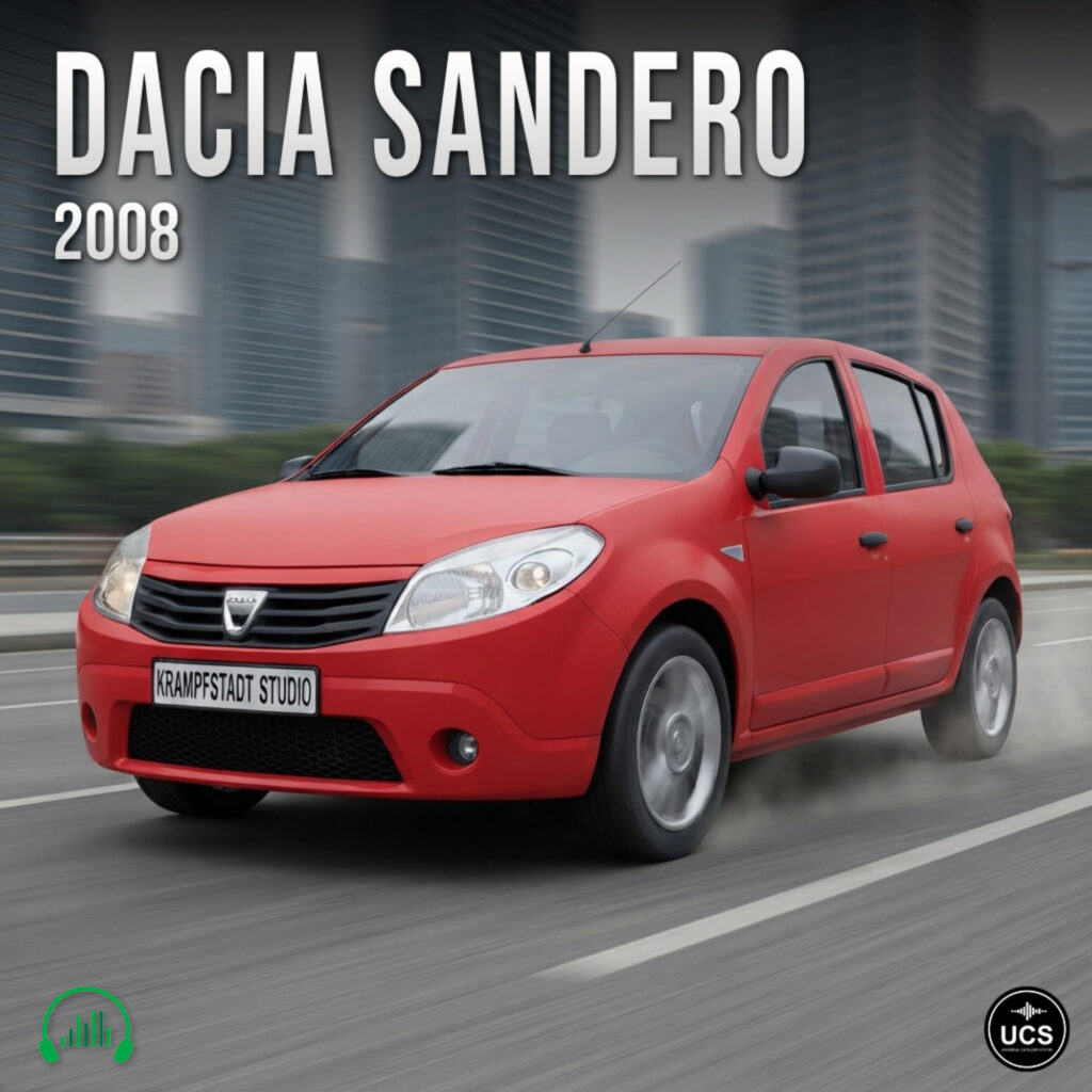 2008 red Dacia Sandero subcompact hatchback driving on a city road.