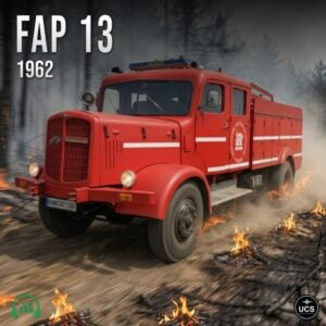 Red vintage FAP 13 1962 fire truck drives along a dirt path past small fires burning on the ground.