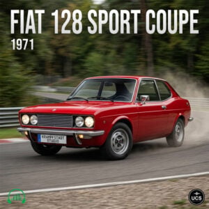 A red 1971 Fiat 128 Sport Coupé drives on a winding racetrack.