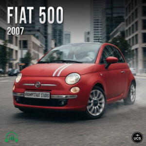 Red 2007 Fiat 500 city car with dual white hood stripes driving on a city street.