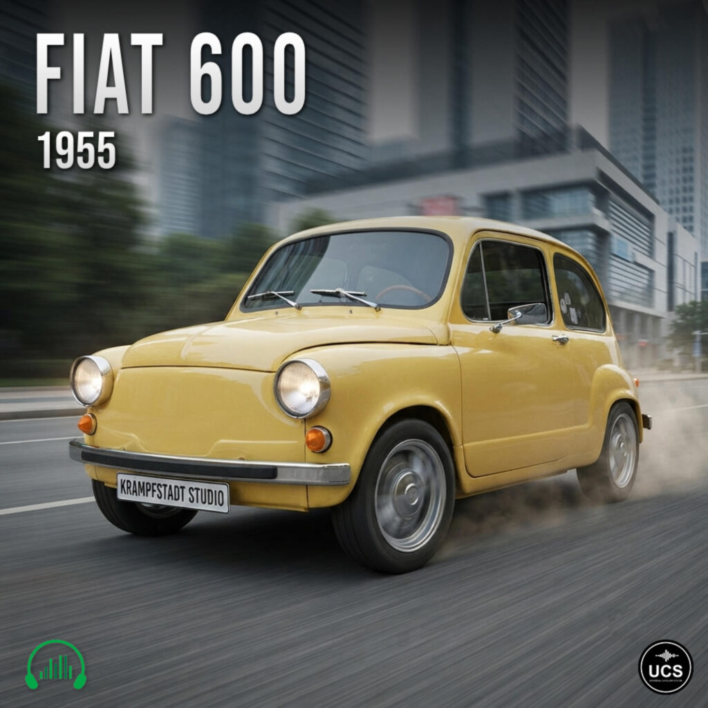 Yellow 1955 Fiat 600 city car driving on a city street.