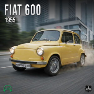 Yellow 1955 Fiat 600 city car driving on a city street.