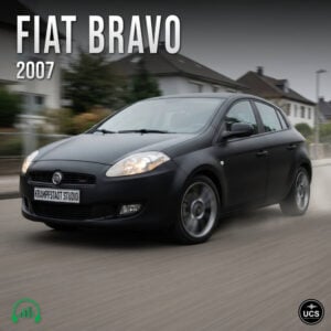 Matte black Fiat Bravo 2007 compact hatchback drives along a suburban road.