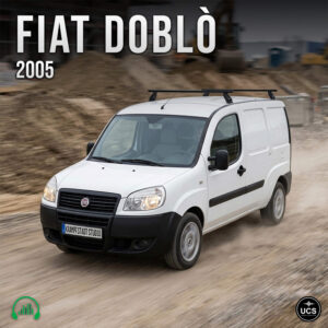 White 2005 Fiat Doblo panel van with a roof rack drives along a dirt path.