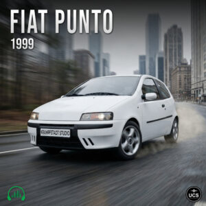 White 1999 Fiat Punto three-door subcompact supermini drives fast on a city street.
