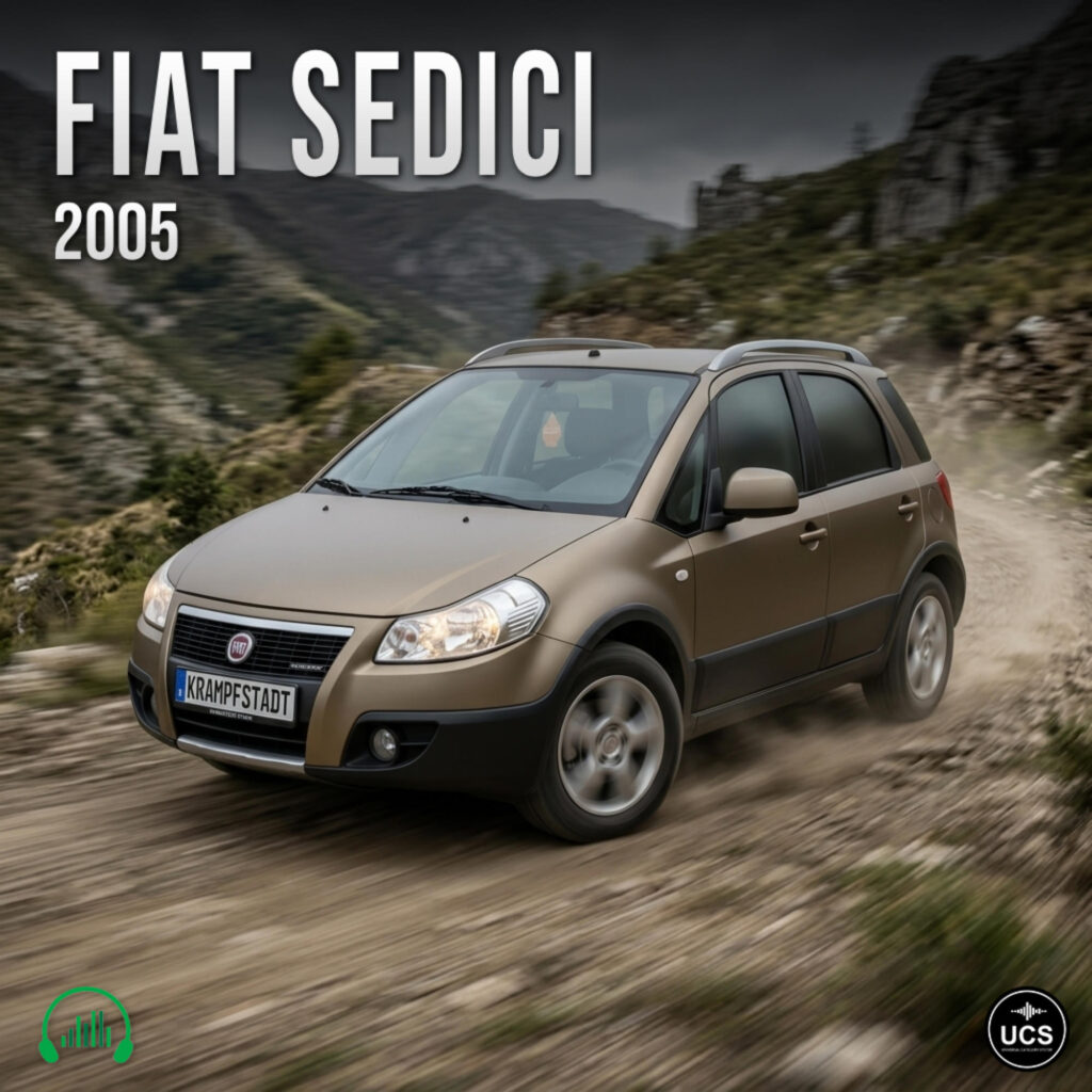 Beige Fiat Sedici 2005 subcompact crossover SUV drives along a dusty mountain road.