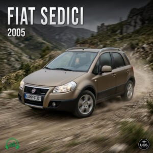 Beige Fiat Sedici 2005 subcompact crossover SUV drives along a dusty mountain road.