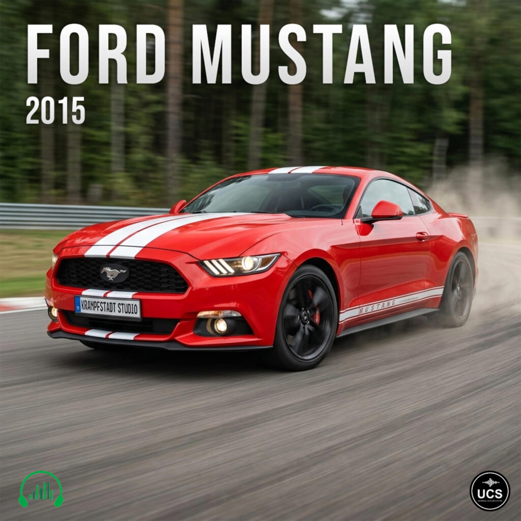 2015 red Ford Mustang muscle car with white racing stripes driving fast on a curving track.