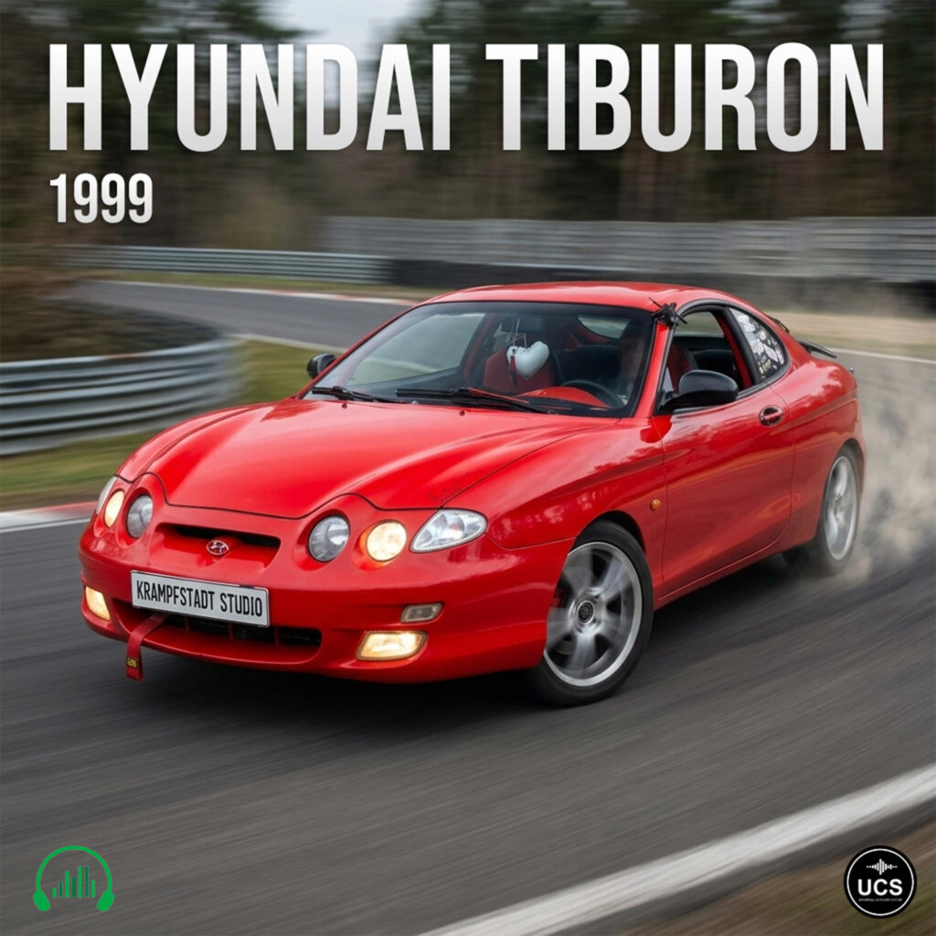 Red 1999 Hyundai Tiburon sports car drifts around a paved race track curve with smoke from rear tires.