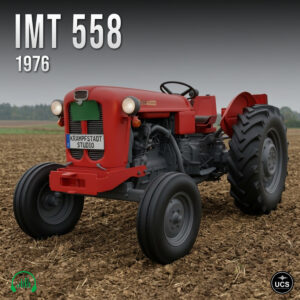 Red vintage 1976 IMT 558 tractor parked on a harvested field under a grey sky.