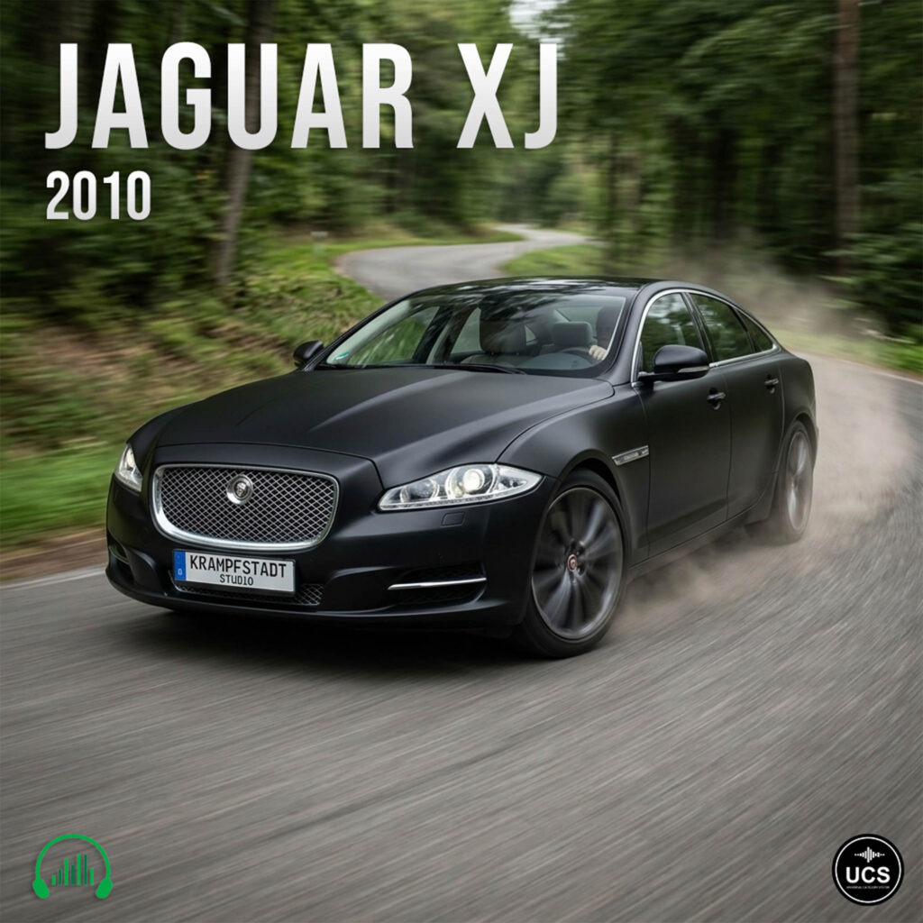 Black 2010 Jaguar XJ full-size saloon drives fast around a forest road bend.