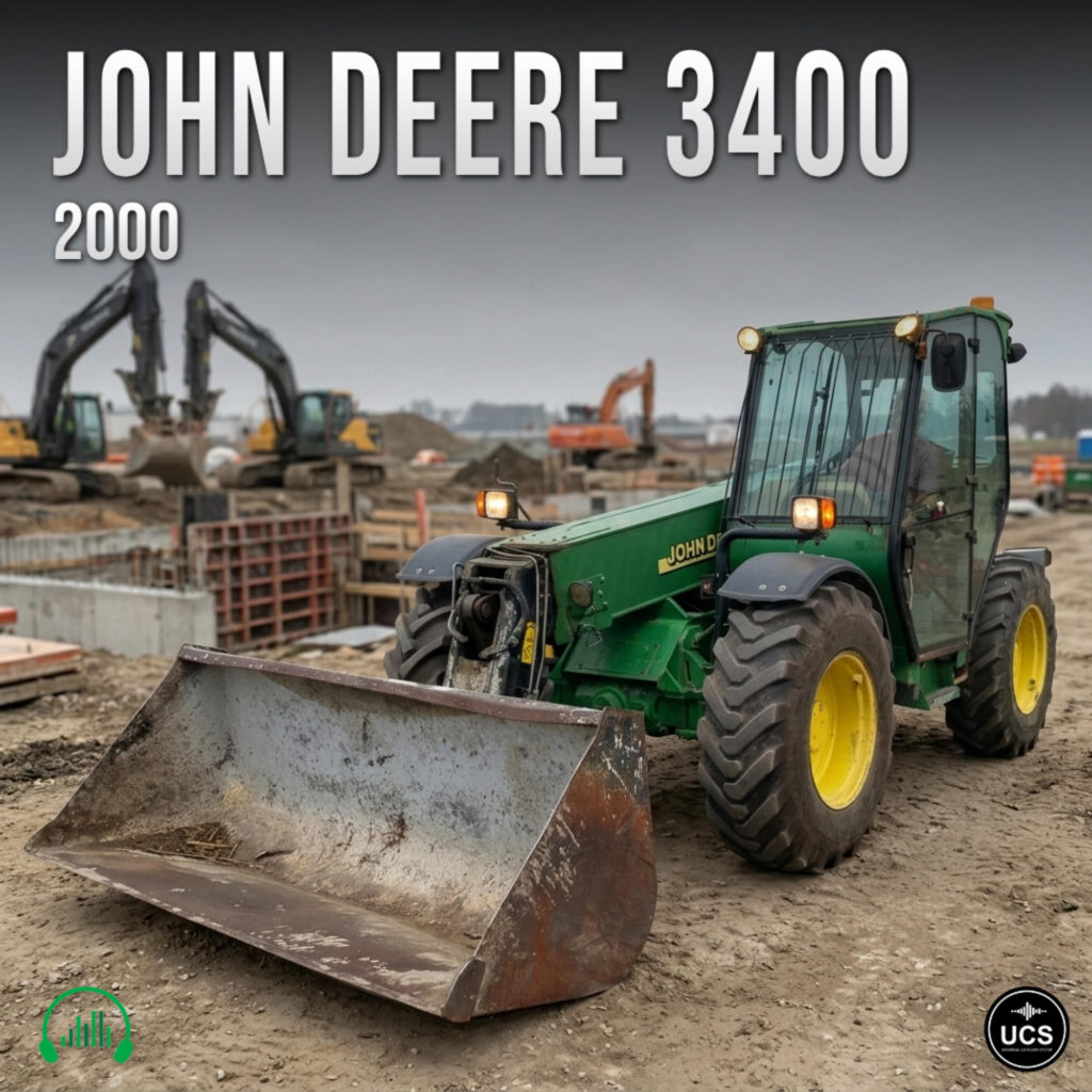 John Deere 3400 2000 telehandler with a front bucket parked on a construction site with excavators in the background.