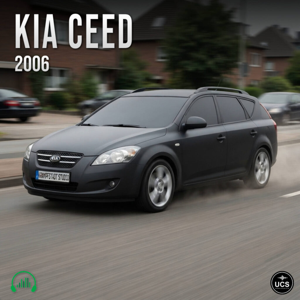 2006 black Kia Ceed compact car driving on a suburban road.