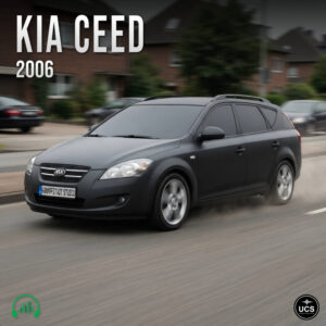 2006 black Kia Ceed compact car driving on a suburban road.