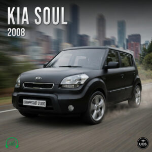 2008 black Kia Soul subcompact crossover car drives fast on a road against a blurred city skyline.