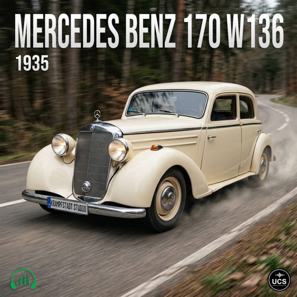 Cream-colored 1935 Mercedes Benz 170 W136 executive car drives along a winding forest road.