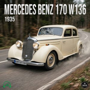 Cream-colored 1935 Mercedes Benz 170 W136 executive car drives along a winding forest road.