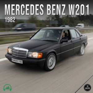 A black 1982 Mercedes Benz C Class W201 sedan drives on a highway.