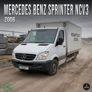 White 2006 Mercedes Benz Sprinter NCV3 lorry with KRAMPFSTADT STUDIO branding driving on a dirt track.