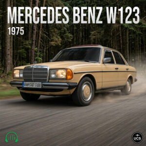 Beige 1975 Mercedes Benz E Class W123 executive car driving on a forested road.
