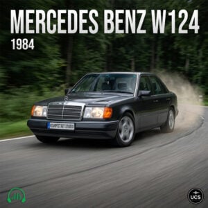 Black Mercedes Benz W124 1984 executive car driving fast round a bend on a wooded road.