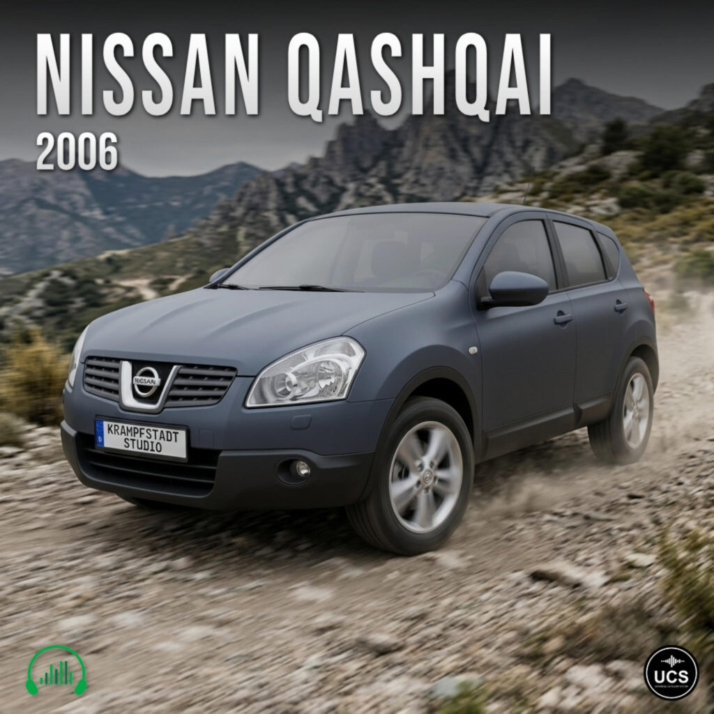 2006 Nissan Qashqai dark blue compact crossover SUV driving on a dirt mountain road.